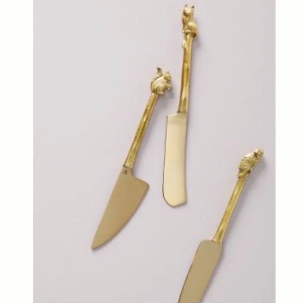 Anthropologie Lovis Woodland Brass Cheese Knives Serving Set Owl Fox Squirrel